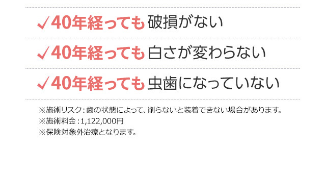 40年経っても破損がない。40年経っても白さが変わらない。40年経っても虫歯になっていない。