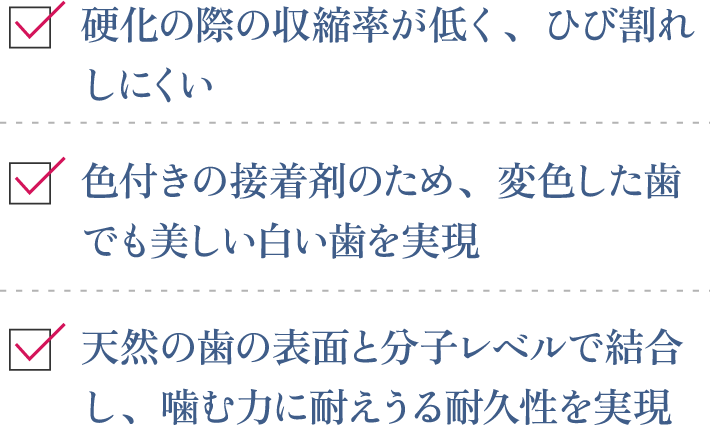 ①硬化の際の収縮率が低く、ひび割れしにくい②色付きの接着剤のため、変色した歯でも美しい白い歯を実現③天然の歯の表面と分子レベルで結合し、噛む力に耐えうる耐久性を実現