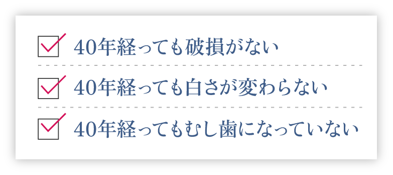 40年経っても破損がない・白さが変わらない・むし歯になっていない