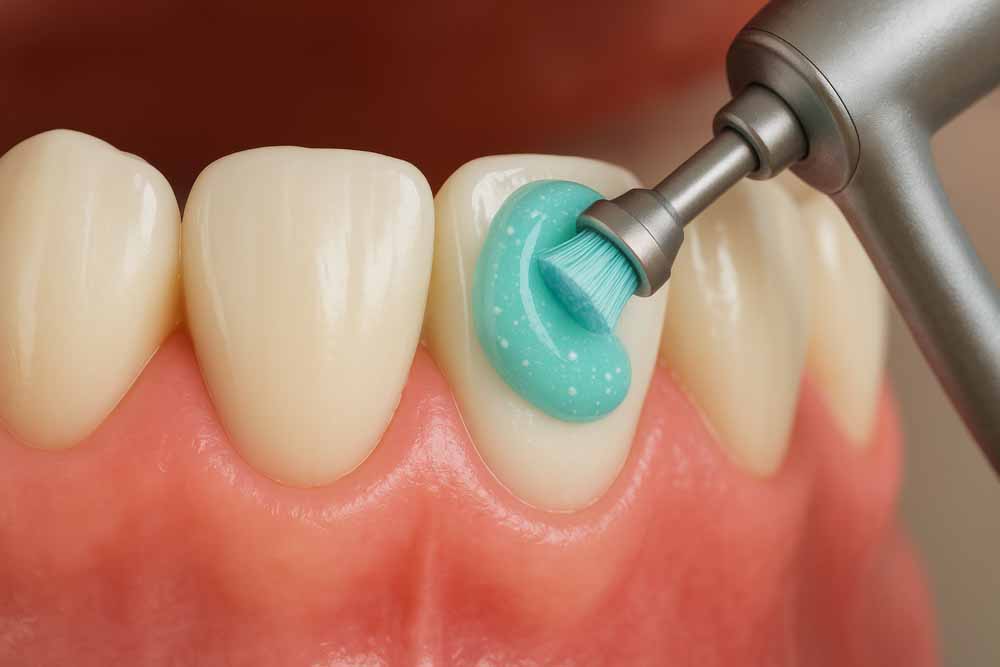 虫歯予防にフッ素配合の研磨ペーストを使用した専門的な歯のクリーニング