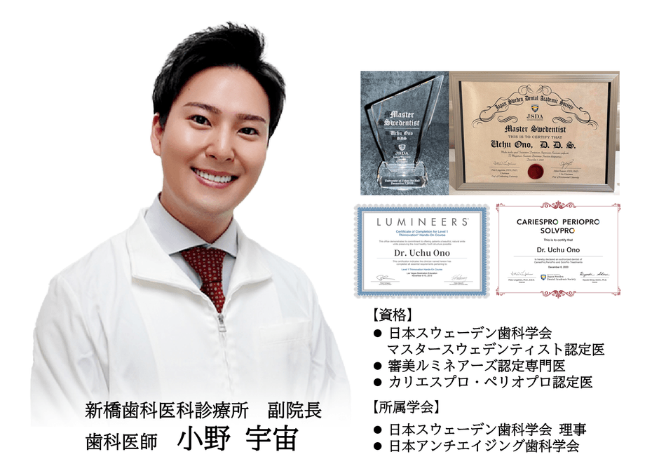 新橋歯科医科診療所 副院長 歯科医師 小野宇宙 日本スウェーデン歯科学会／マスタースウェデンティスト認定医／審美ルミネアーズ認定専門医／カリエスプロ・ペリオプロ認定医／日本スウェーデン歯科学会 理事／日本アンチエイジング歯科学会 所属